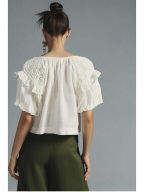 Anthropologie Self Contrast Smocked Linen Blouse-White-XL